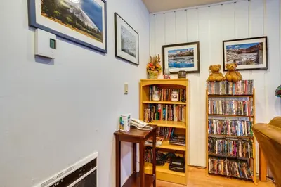 a room with a book shelf filled with dvds at Mammoth Lakes Condo about 5 Mi to Mammoth Mtn! in Mammoth Lakes