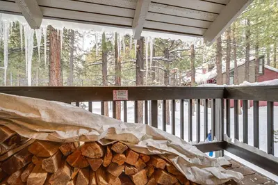 a large pile of fire wood on a balcony at Mammoth Lakes Condo about 5 Mi to Mammoth Mtn! in Mammoth Lakes