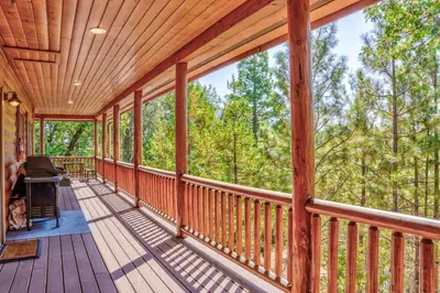 a screened porch with a view of the woods at Bass Lake Log Home - Dog Friendly in Bass Lake
