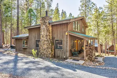 a cabin in the woods with a stone chimney at Place to Call Home - Cabin INSIDE Yosemite - Dog Friendly in South Wawona