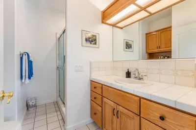 a bathroom with a sink and a shower at Big Oak Manor w/theater/hot tub/sauna/more in Oakhurst