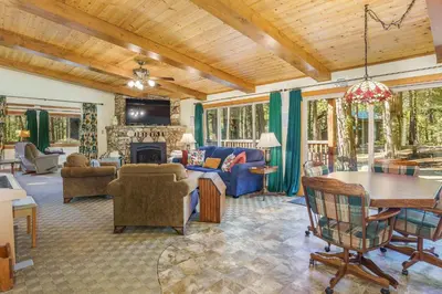 a living room filled with furniture and a fireplace at Peace of Mine - Cabin inside Yosemite - Dog Friendly in South Wawona