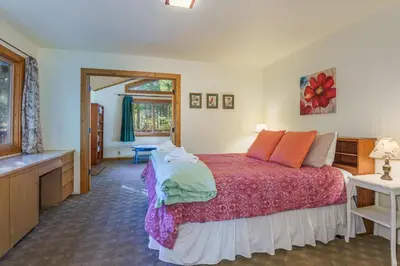 a bedroom with a large bed and a television at Peace of Mine - Cabin inside Yosemite - Dog Friendly in South Wawona