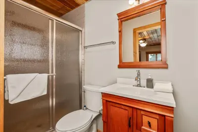 a bathroom with a shower and a toilet and a sink at Cub House- Remodeled cabin INSIDE Yosemite with new hot tub and more in North Wawona