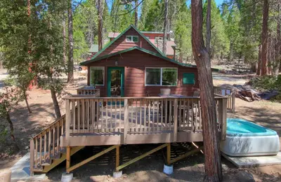 a tree house with a tub in the woods at Beetlebark Bungalow- Inside Yosemite w/ hot tub EV charging cable in North Wawona