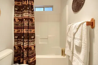 a bathroom with a shower with a shower curtain at Hibernation Hideaway- Inside Yosemite- Dog Friendly in South Wawona
