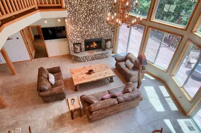 an overhead view of a living room with a fireplace at Rivercrest Lodge with Hot Tub-Pool Table-Firepit in North Wawona