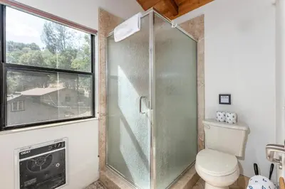 a bathroom with a shower with a toilet and a window at Hodges Hill Hideout w/ pool, spa, BBQ - Dog Friendly in Oakhurst