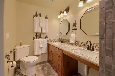 a bathroom with a toilet and a sink and a mirror at 3 Springs Hideout - Family cabin with hot tub in Yosemite in South Wawona