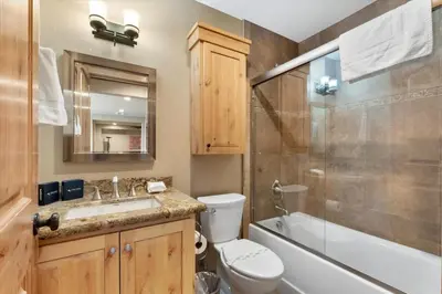 a bathroom with a sink and a toilet and a shower at Stage Coach Run home in Stateline