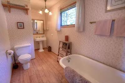 a bathroom with a tub and a toilet and a sink at Lake View Glen home in Lincoln Park