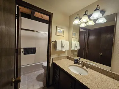 a bathroom with a sink and a toilet and a mirror at Forest View Townhouse home in Kings Beach