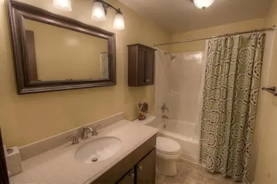 a bathroom with a sink and a toilet and a shower at Alpine Getaway home in Tahoe City