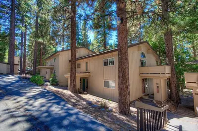 a house in the middle of a forest with trees at Whispering Wood home in Incline Village