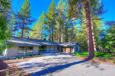 a house in the woods with a tree at Blue Laulea home in Incline Village
