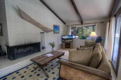 a living room with a couch and a fireplace at Blue Laulea home in Incline Village
