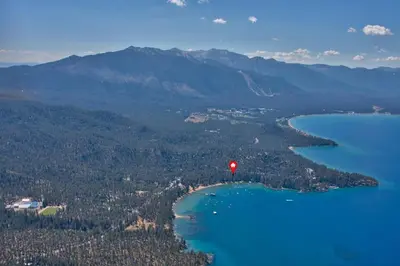 an aerial view of a island in a body of water at Zephyr Cabin home in Zephyr Cove