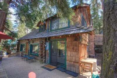 a cabin in the woods with a tree at Zephyr Cabin home in Zephyr Cove