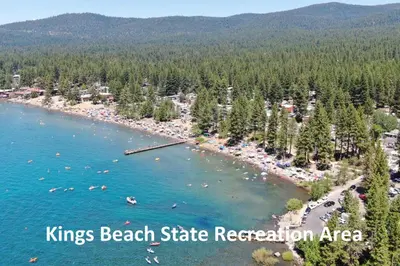 an aerial view of the beach at kings beach state recreation area at Brockway Beachside Bungalo home in Kings Beach