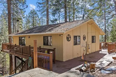 a tiny house in the woods with a deck at Big Trees, Little Cabin in Arnold