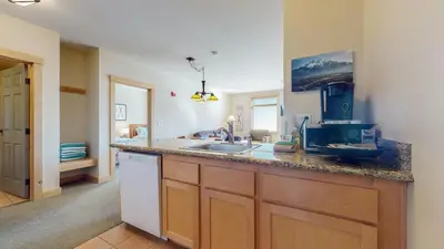 a kitchen with a sink and a counter top at Sunstone #231 condo in Mammoth Lakes