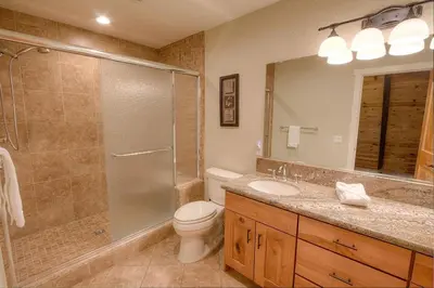 a bathroom with a shower and a toilet and a sink at Snowshoe Chalet cabin in South Lake Tahoe