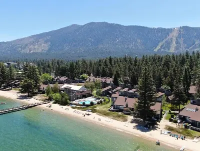 an aerial view of a beach with a resort at Bear Lake Hideaway condo in South Lake Tahoe