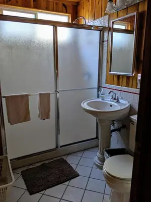 a bathroom with a shower and a toilet and a sink at Cabin #3 in Strawberry