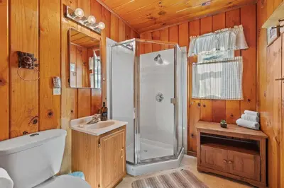 a bathroom with a shower and a toilet and a sink at Cabin #2 in Strawberry