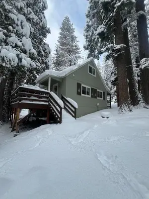 a green house in the snow with trees at Cabin #6 in Strawberry
