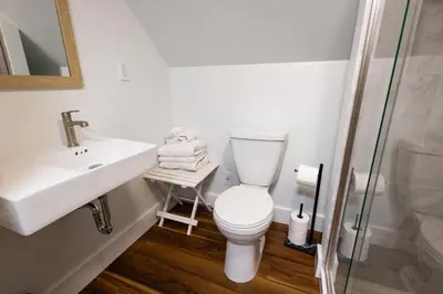 a bathroom with a toilet and a sink and a shower at Cabin #6 in Strawberry