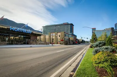 an empty street in a city with a hotel at Heavenly Mountain Lake Retreat Near Skiing, Hiking & Biking in Stateline
