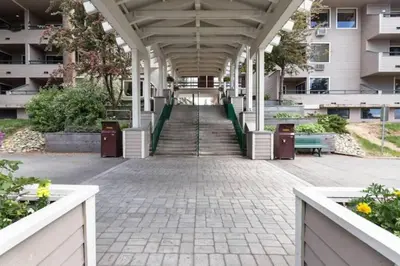 a covered walkway in a building with a building at Heavenly Lakeside Retreat Close to downtown in South Lake Tahoe