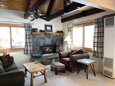 a living room with a couch and a fireplace at Cabin Close To Hiking Trails And Ski Resorts in South Lake Tahoe