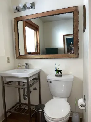 a bathroom with a toilet and a sink and a mirror at Cabin Close To Hiking Trails And Ski Resorts in South Lake Tahoe