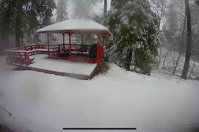 a gazebo covered in snow in a park at Forest Cabin by China Creek in Oakhurst
