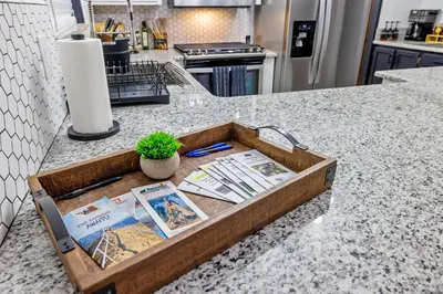a wooden tray sitting on top of a kitchen counter at Casita 3 Rios Secluded Mountain Top Home Minutes to Sequoias & Kings Canyon in Three Rivers