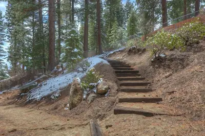 a set of stairs on a hill in a forest at Extra Spacious 2BR Cabin w Office and Outdoor Deck in Incline Village