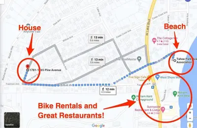 a map with red circles and a beach and bike rentals and great restaurants at The Rigi Chalet HOA Beach Access Close to town in Tahoe City