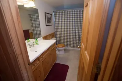 a bathroom with a sink and a toilet and a mirror at Carnelian Bay View Cabin in Carnelian Bay