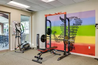 a gym with three tread machines and a colorful wall at Charming Patterson Condo with Grilling Stations in Patterson
