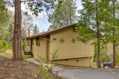 a house in the woods with a tree at Serene Groveland Cabin Rental Near Yosemite! in Groveland