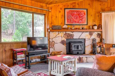 a living room with a fireplace and a tv at Serene Groveland Cabin Rental Near Yosemite! in Groveland